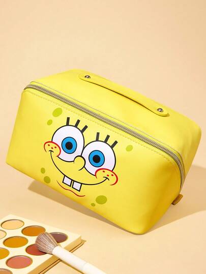 SpongeBob SquarePants | SHEIN 1pc Cute Cartoon Pattern Printed Large Capacity Foldable PU Leather Cosmetic Bag, Multi-Functional Storage Pouch For Small Items, Travel, Work, Makeup Or Study, Suitable For Women And Students,Gift Ideas