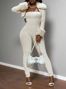 Slaydiva Christmas, New Year And Valentine's Day New Autumn And Winter Casual, Simple And Basic Style, Daily Date, Out On The Street, Popular Streetwear, Y2K Set, Fur Collar POLO Collar, Ultra-Short Cardigan + Slim Strapless Tight Jumpsuit, Apricot Ribbed Ribbed Brushed Set, Women's Two-Piece Set -A Cream Two Piece Set Sexy Body Suit Women Sexy Outfits Y2k 2 Piece Set - Apricot - View 9