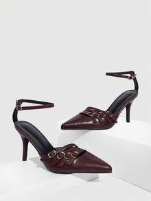 CUCCOO SZL Sapatos de salto médio com tira em T e tira no tornozelo da moda feminina - Castanho Café - Ver 7