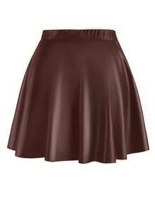 Flirla Plus Size Women Solid Color PU Leather Mini Skirt - Brown - View 2