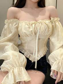 DAZY Women's Fitted Tie-Front Ruffle Trim Short Blouse, Yellow Long Sleeve, Spring/Summer - Yellow - View 3