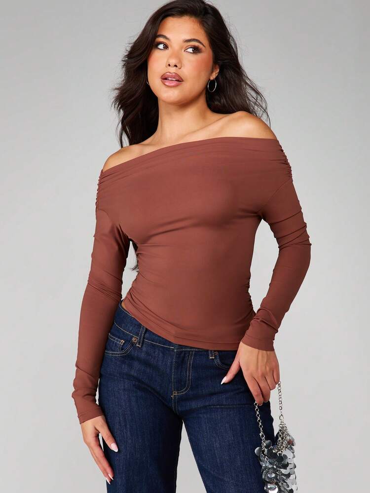 MISSGUIDED Women Off Shoulder Long Sleeve Ruched Top Fitted Bodycon Blouse Fall Winter Casual Elegant