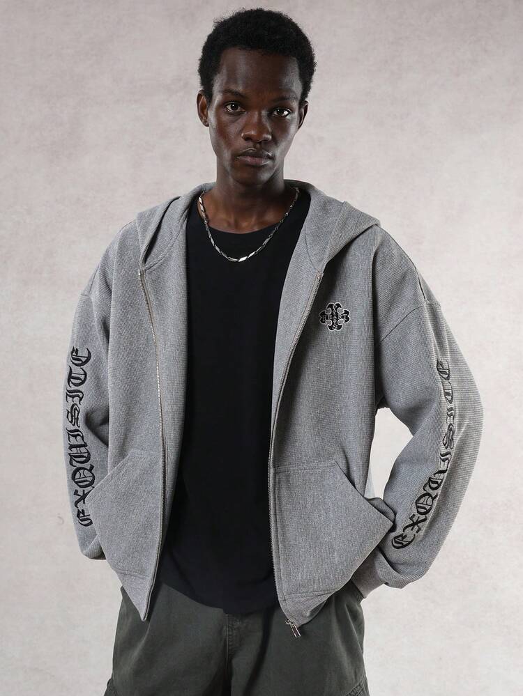 Thick Grey Gothic Letter Embroidered Hooded Sweatshirt Sweatshirt For Men, Autumn/Winter