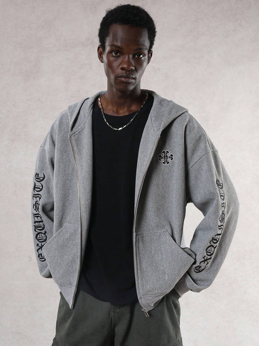 DAZY Thick Grey Gothic Letter Embroidered Hooded Sweatshirt Sweatshirt For Men, Autumn/Winter - Grey - View 1