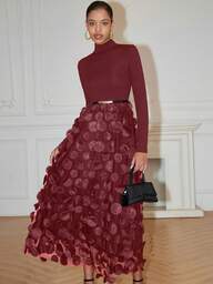 Rafferiza Women's Turtleneck Ribbed Splice Floral Mesh Elegant Long Sleeve Dress Maxi Women Outfit