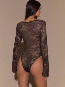 SHEIN BAE Áo dài tay màu đen cho nữ, cổ chữ V sâu gợi cảm, tay loe ren, kiểu dáng tối giản thanh lịch, lãng mạn, thích hợp mặc nhiều lớp, hẹn hò lãng mạn, tiệc tùng vào mùa thu/đông - Cà phê nâu - Xem 2