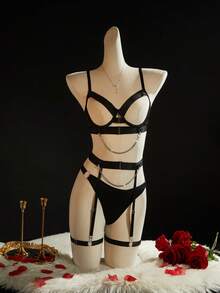 SpicyHot 5pcs/Set Women's Extremely Sexy Hollow Out Sheer Lingerie Set - Black - View 6