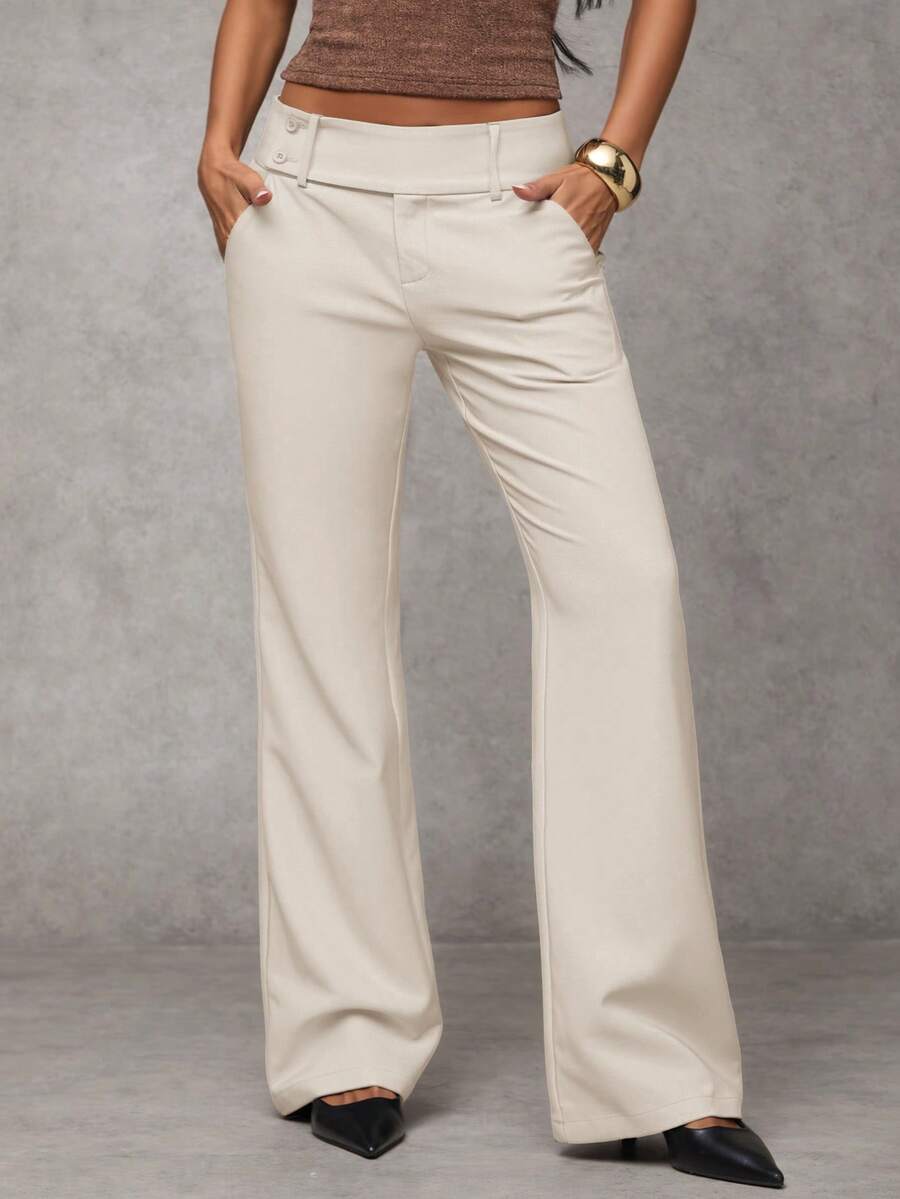 SHEIN BAE 女士纯色口袋休闲喇叭裤 - 奶油色 - 查看 1