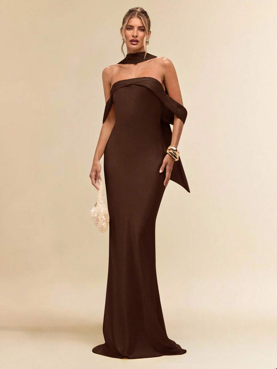 SHEIN BAE 女士性感简约纯色黄色缎面不对称垂褶领优雅美人鱼连衣裙，适合派对、晚宴、正式场合、伴娘、生日迷你裙、商务休闲等场合，露背缎面优雅超长连衣裙 - 咖啡棕 - 查看 1