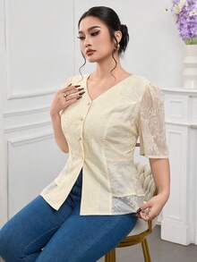 Modelyn Plus Size Women V-Neck Short Sleeve Solid Color Lace Embroidery Blouse - Apricot - View 6