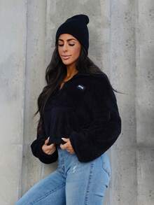 SAYEHFBABY Hanorac cu mânecă lungă, buzunar cu imprimeu de litere și fermoar pe jumătate, în stil toamnă/iarnă