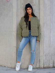 SAYEHFBABY 休闲几何圆领口袋加厚保暖聚酯纤维合成保暖冬季外套冬季夹克 - 軍綠色 - 查看 1