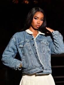 Mima John Autumn/Winter Thermal Lined Loose Casual Denim Jacket - Medium Wash - View 3