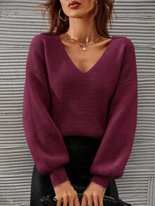 SHEIN Frenchy 女士纯色V领落肩长袖宽松套头毛衣，秋冬款 - 玫瑰紅 - 查看 4