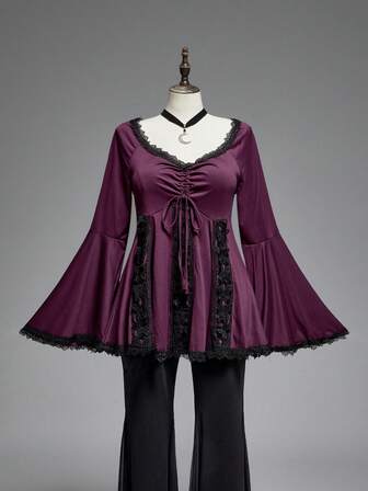 Goth Maglietta da donna taglie forti con maniche a campana e pizzo traforato, stile rinascimentale