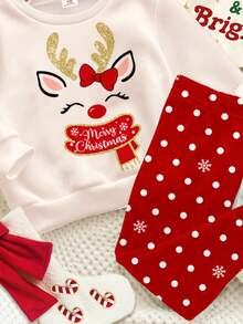 两件套女婴可爱卡通蝴蝶结小鹿印花加厚柔软舒适长袖卫衣和雪花印花打底裤套装，适合秋冬季日常穿着、圣诞派对、新年、外出、居家等场合。 - 彩色 - 查看 5