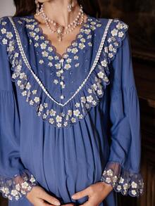 PalaceNights Cămașă de noapte pentru gravide, stil vintage Palace, cu dantelă brodată, iarnă