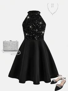 SHEIN Tween Girl Casual Everyday Elegant Beaded Knit Halter Waist A-Line Dress, Girls Black Dress, Suitable For Christmas, New Year, Birthday Party, Sibling Outfits Matching Outfits Girls Luxury Dress Black Party Dress - Black - View 5