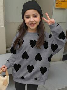 Tween Girl Casual Loose Fit Crew Neck Comfortable Long Sleeve Sweatshirt, Suitable For Autumn/Winter, Classic Pixel Heart Print Design