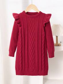 LMoss Kids Young Girl Red Crew Neck Long Sleeve Patchwork Ruffle Textured Knit Sweater Dress,Suitable For Casual Daily Wear,Autumn/Winter - Burgundy - View 6