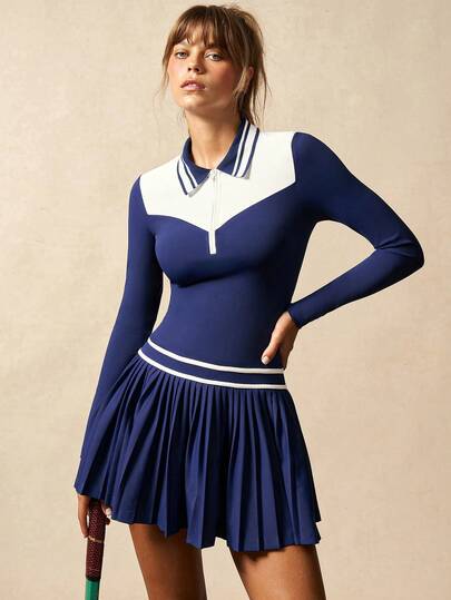 VARSIVA Workout Women Tennis Dress, Women's Navy Blue Tennis Dress, Color Blocking, Slimming And Waist-Cinching, Long Sleeves Tennis Dress, Fashionable Tennis Dress, Suitable For Tennis, Outdoor Activities, Yoga, Running, Pilates, Commuting, Dates, Beach, And Casual. Stretchy, Comfortable, Casual, Youthful, And Energetic Sports Dress, Suitable For Spring, Summer, Autumn And Winter