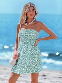 Sylviya 夏季休閒無袖印花背心連衣裙