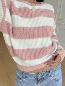 SHEIN Teen Girls Casual Striped Knit Sweater, Minimalist & Fashionable, Suitable For Everyday Wear, Autumn/Winter - Pink - View 3