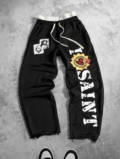 Street Life Pantalon de survêtement décontracté pour hommes avec imprimé lettrage, taille à cordon et double couche