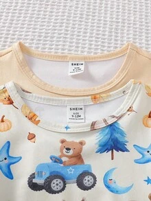 Conjunto de Roupa Casual Fofa para Bebês Meninos com Estampa Gráfica e Bordado de Animais como Raposa, Urso, Esquilo, Cogumelo - Multicolorido - Visão 7