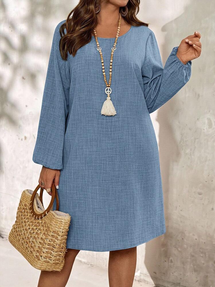 Plus Size Women's Winter Casual  Solid Color Blue Round Neck Long Sleeve Dress,Plus Size Women Fall Casual Vacation Solid Color Crew Neck Long Sleeve Casual Dress, Autumn,Country Clothing Outfits,Fall Women Clothes,Vacation Outfits Women,Simple And Fashionable For Everyday Wear,Fall Clothes For Women,Vintage,Going Out Outfits,2025 New Clothes,Fall Dresses For Women,Flowy Dress,Winter Women Clothes,Autumn/Winter,Going Out Outfits,2025 New Clothes,Simple And Fashionable For Everyday Wear, Plus Size Winter Clothes,Comfortable And Breathable,Christmas Outfit For Women ,New Year Clothes,Thanksgiving Outfit For Women