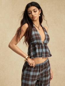 Easelle Bộ 2 món áo hai dây cổ chữ V sâu gợi cảm và quần ống rộng kẻ caro dành cho nữ - màu nâu - Xem 4