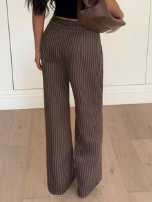 Siren Gaze Women's Brown Striped Print Casual Straight Leg Pants, Autumn/Winter Brown Pants Stripe Pants Wide Leg Pants Pleated Pants - Brown - View 2