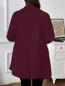 Plus Size Women's Solid Color Long Sleeve Single-Breasted Casual Pocket Woolen Coat, Autumn/Winter - Red - View 2