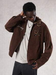 DAZY Men's Brown Patchwork Contrast Collar Letter Embroidery Jacket And Coat, Autumn - Rust Brown - View 5