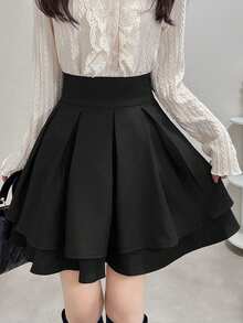 FRIFUL 女士黑色纯色高腰褶裥短款休闲百搭修身迷你裙，秋冬款