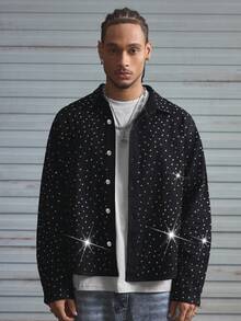 AXEPEAK Men's Autumn Rhinestone Embellished Single-Breasted Casual Denim Jacket, Long Sleeve Top - Black - View 3