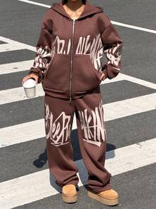 Muchica Plus Size Women Letter Print Drop Shoulder Long Sleeve Hoodie And Pants Casual 2 Piece Set - Brown - View 6