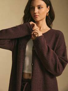 Poéselle 女士休闲纯色开衫和针织裤两件套，秋冬 - 棕色 - 查看 5