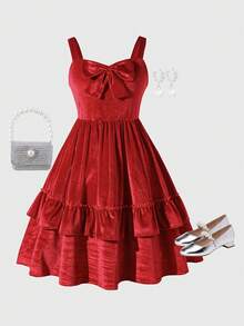 Sparklyn Tween GirlsRed Velvet Spaghetti Strap Ruffle Hem Christmas Party Elegant Cute Dress, Suitable For Occasions Dress Red Ruffle Dress Bow Dresses Velvet Dress Elegant Dress - Red - View 1