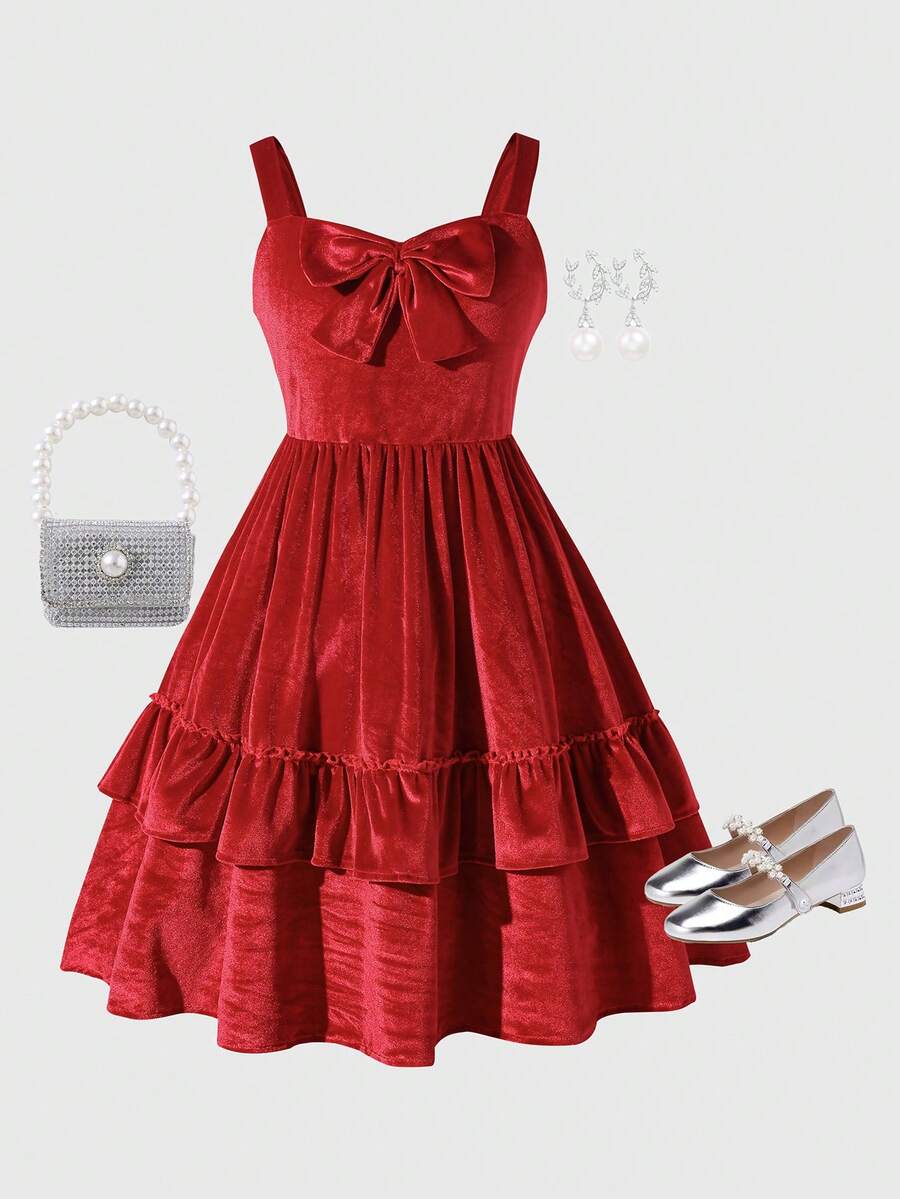 Sparklyn Tween GirlsRed Velvet Spaghetti Strap Ruffle Hem Christmas Party Elegant Cute Dress, Suitable For Occasions Dress Red Ruffle Dress Bow Dresses Velvet Dress Elegant Dress - Red - View 1
