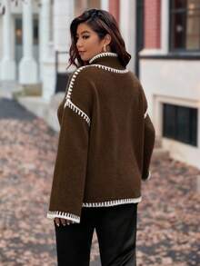 Vionelle Plus Size Women Knitted Elegant Fashionable Color Block Ribbed Hem Loose Pullover Sweater, Casual & Versatile Brown Sweater Coffee Brown Top Long Sleeve Top Sweater For Women Chocolate Brown Top - Coffee Brown - View 2