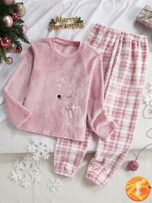Girls 2 Pieces Pajama Set, Pink Polar Bear Embroidery Plush Long Sleeve Top And Pink Plaid Pants, Autumn Casual Sleep Lounge Set Winter Pj Set For Tween Girl - Multicolor - View 5