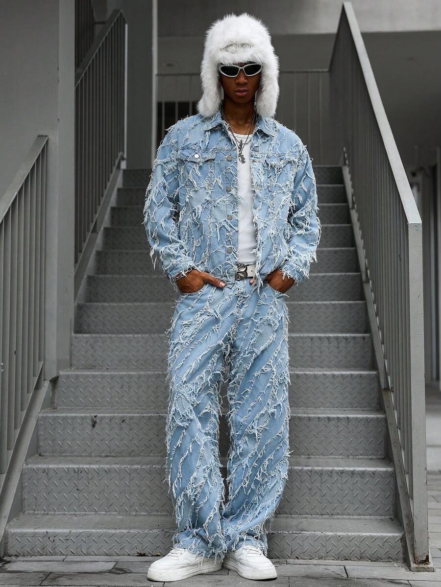PAVTROS Men's Frayed Edge Button Front Long Sleeve Jacquard Denim Jacket And Pockets Denim Pants Set Men Baby Blue Outfit