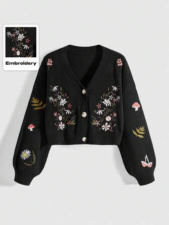 Cardigan tricoté avec motif de champignons vintage, feuilles de forêt et fleurs, style Fairycore, tailles plus, pour femmes en automne/hiver