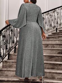 Fleurora New Spring And Summer Autumn And Winter Elegant Party Wedding Valentine's Day  Cocktail Party Concert/Music Festival Black Knitted Overlap Collar Flared Split Flounce Sleeve Long Long Sleeve Plus Size Dresses Elegant Dresses For Party Elegant Party Dresses Elegant Dresses For Women Elegant Dresses For Ladies Elegant Dress Shiny Dress Sparkly Plus Size Solid Color V-Neck Front Short Black Long Wrap Elegant Dress Spring Outfit Women Summer Dress  Party Dress  Wedding Guest Dress For Women  Birthday Dress Vacation - Black - View 2