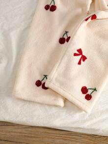 2pcs Girls Cherry Bow Pattern Casual Comfortable Fleece Pajama Set, Long Sleeve Top And Pants, Winter Cherry Pajama Set Bow Pajamas Girls Pajama Set Kids Pajama Set