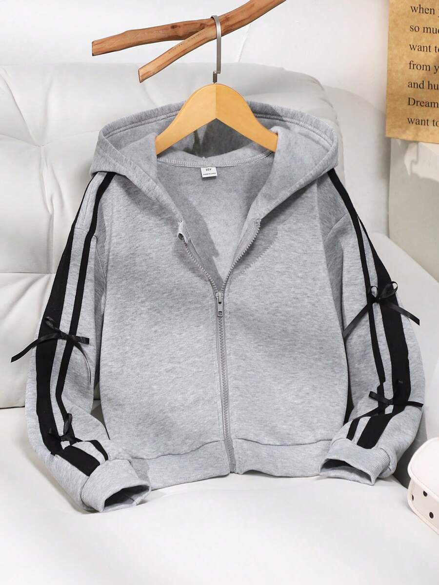 SHEIN Áo khoác cho bé gái tuổi teen, Áo khoác nỉ nơ thời trang màu trơn, Vải nỉ lót nhiệt dày thoải mái, Trang trí tay áo nơ, Phong cách trẻ trung và năng động, Thích hợp cho mùa tựu trường hoặc mặc ngoài trời hàng ngày - Xám - Xem 1