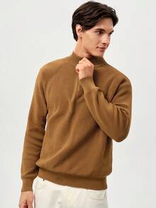 RONVEXI Men's Casual Solid Color Zipper Half-Placket Raglan Sleeve Sweater, Autumn/Winter - Camel - View 5