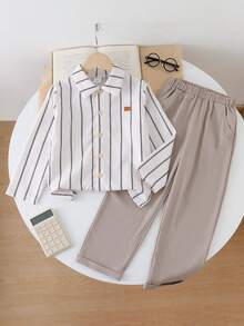 SHEIN Vintaside Kids 2pcs Young BoyRibbed Knit Collared Long Sleeve Shirt & Ribbed Woven Casual Pants Set, Spring/Autumn - Apricot - View 3