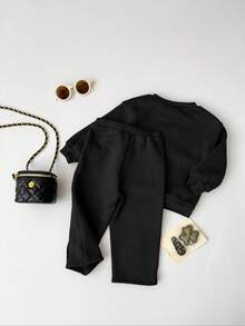 Set de bluză cu mânecă lungă și pantaloni de trening cu imprimeu floral pentru bebeluși, fete, casual, cu imprimeu floral, culoare solidă, lejeră, cu umeri căzuți, cu mânecă lungă, și pantaloni de trening cu picior larg - Negru - Vizualizare 2